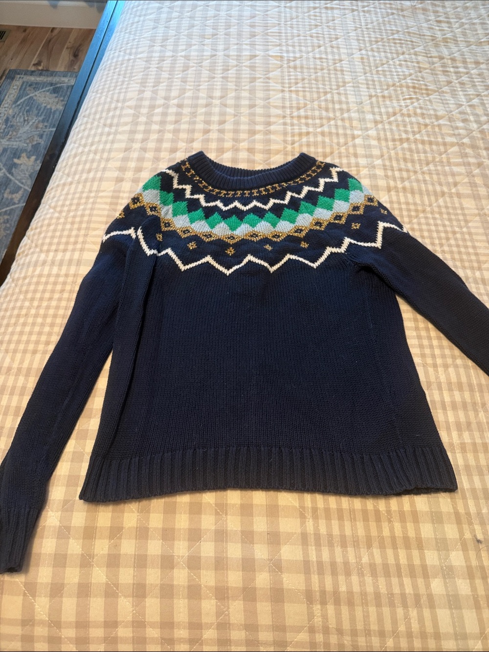 J. Crew Navy Fair Isle Crewneck Sweater with Green, Light Gray, White & Gold